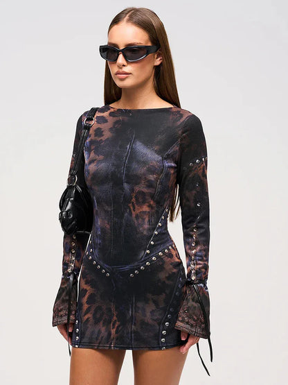 Leopard Rivet Gradient Gothic Mini Dress - Seldom Seen Styles