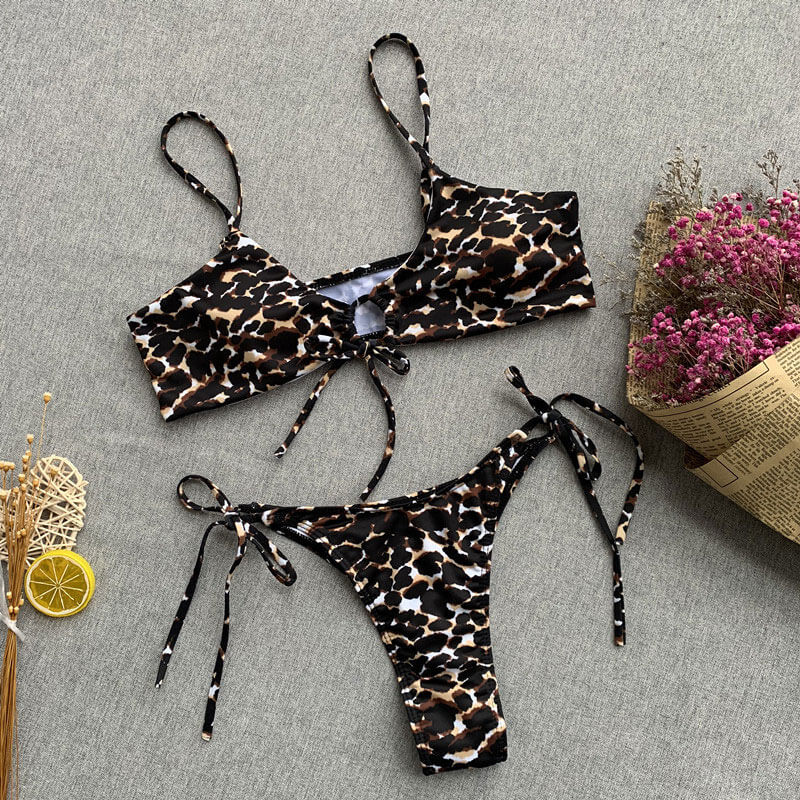 Leopard Tie String Cheeky Brazilian Two Piece Bikini Swimsuit - Seldom Seen Styles