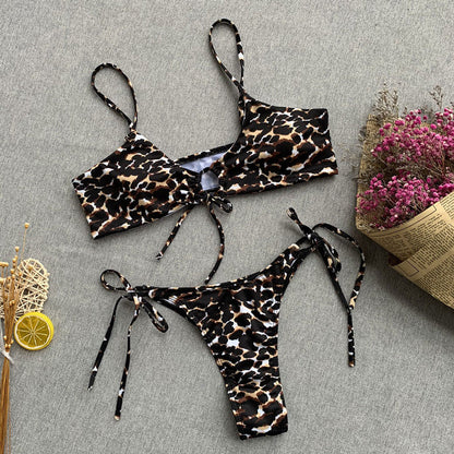 Leopard Tie String Cheeky Brazilian Two Piece Bikini Swimsuit - Seldom Seen Styles