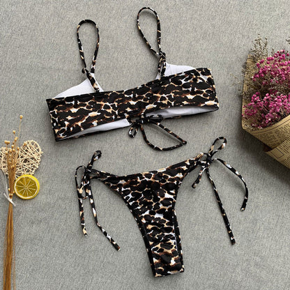 Leopard Tie String Cheeky Brazilian Two Piece Bikini Swimsuit - Seldom Seen Styles