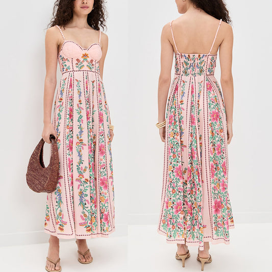 Linen Blend Delicate Forest Unique Print Sweetheart Neck Beaded Straps Maxi Dress - Seldom Seen Styles