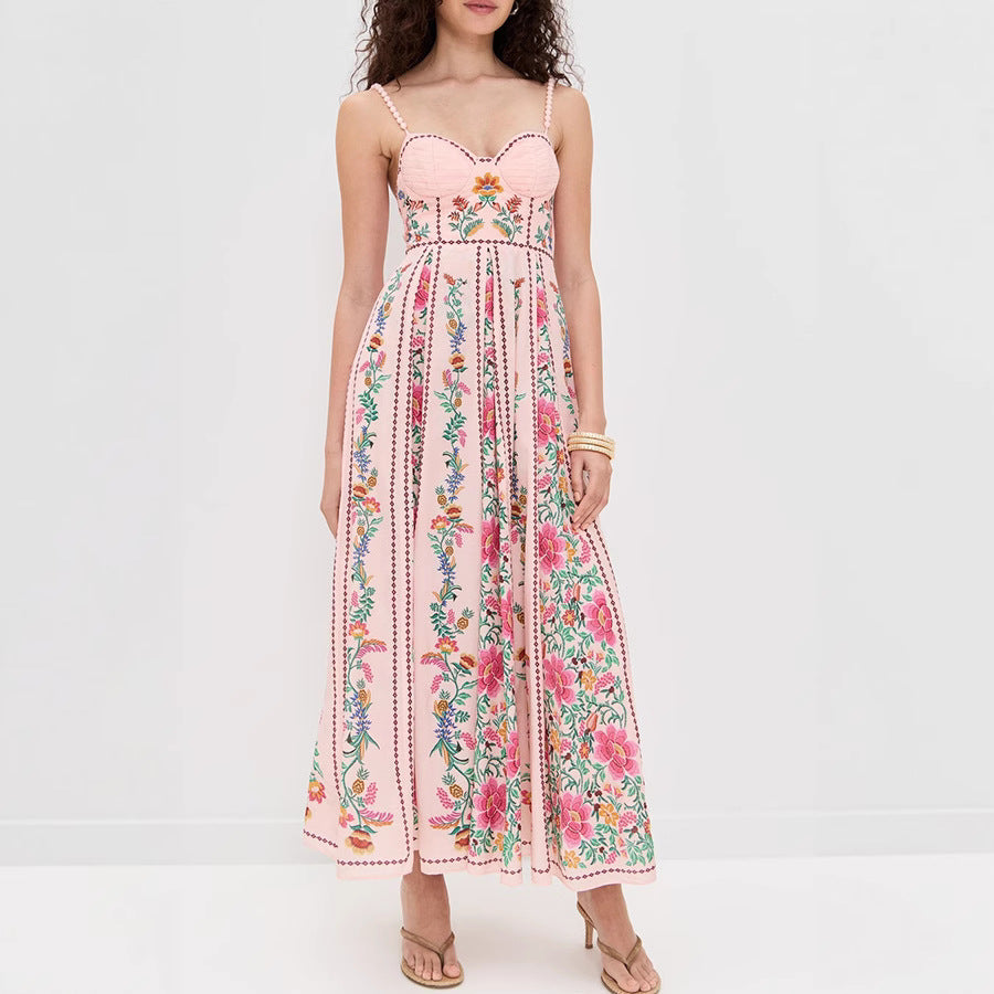 Linen Blend Delicate Forest Unique Print Sweetheart Neck Beaded Straps Maxi Dress - Seldom Seen Styles