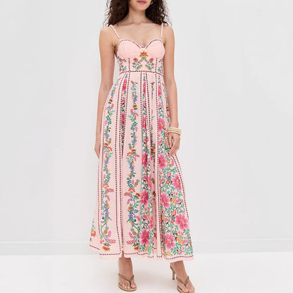 Linen Blend Delicate Forest Unique Print Sweetheart Neck Beaded Straps Maxi Dress - Seldom Seen Styles