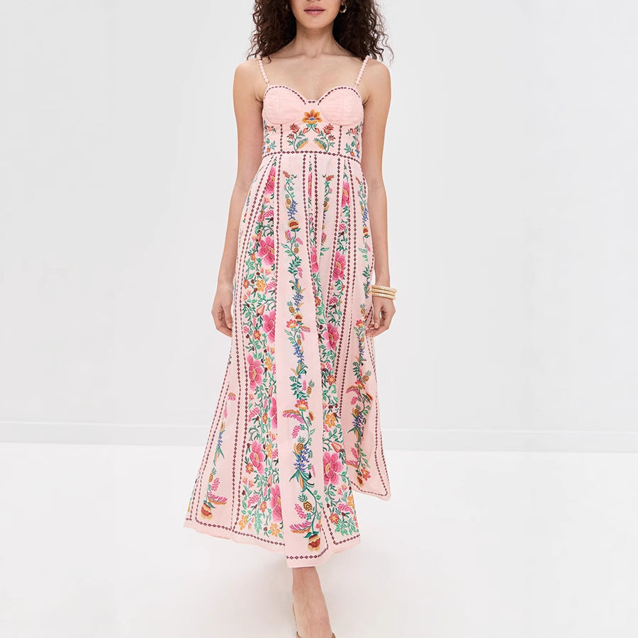 Linen Blend Delicate Forest Unique Print Sweetheart Neck Beaded Straps Maxi Dress - Seldom Seen Styles