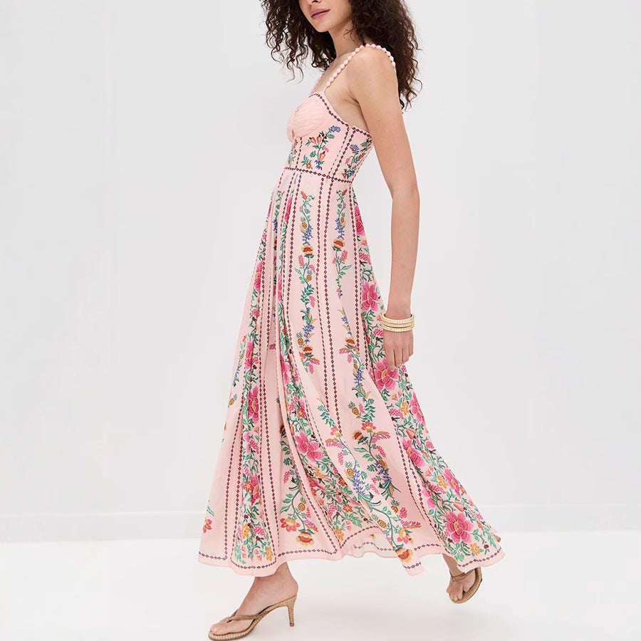 Linen Blend Delicate Forest Unique Print Sweetheart Neck Beaded Straps Maxi Dress - Seldom Seen Styles