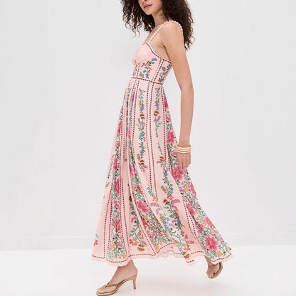 Linen Blend Delicate Forest Unique Print Sweetheart Neck Beaded Straps Maxi Dress - Seldom Seen Styles