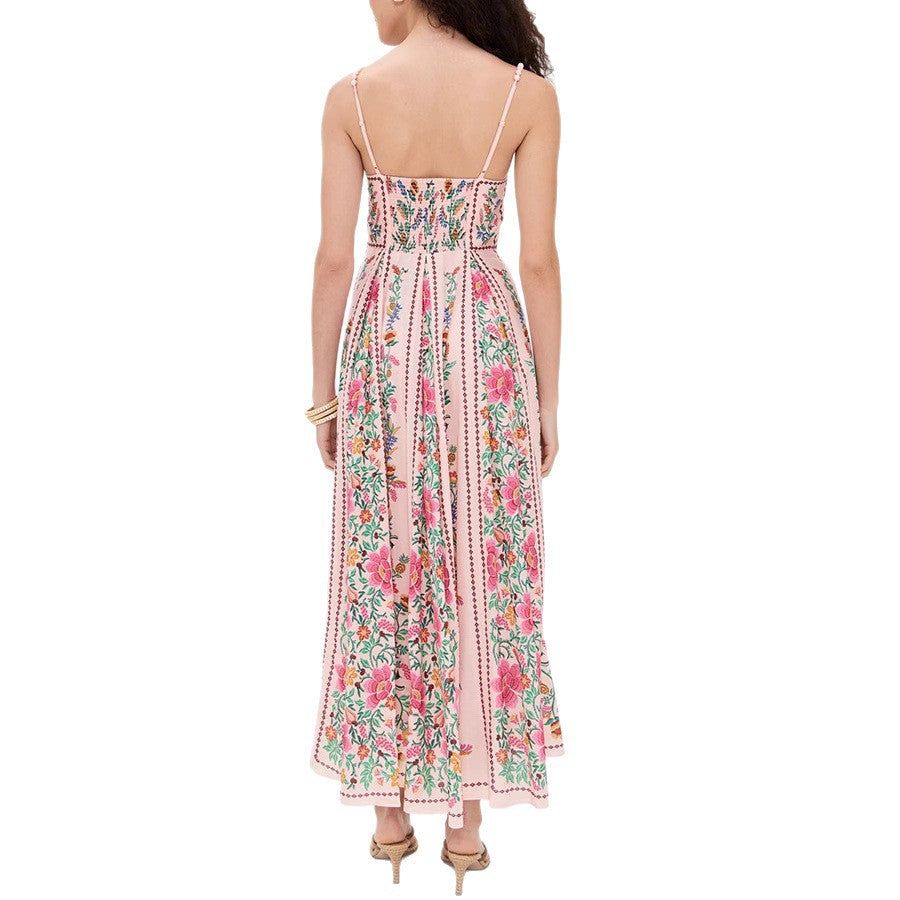 Linen Blend Delicate Forest Unique Print Sweetheart Neck Beaded Straps Maxi Dress - Seldom Seen Styles