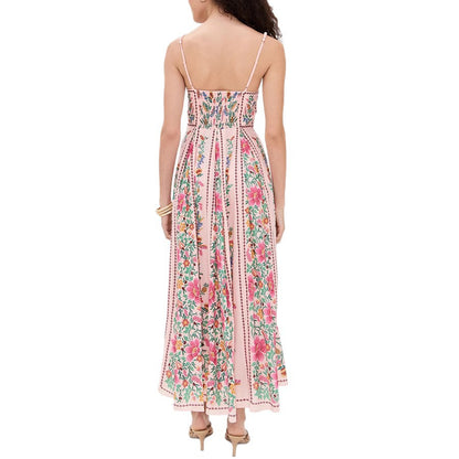 Linen Blend Delicate Forest Unique Print Sweetheart Neck Beaded Straps Maxi Dress - Seldom Seen Styles