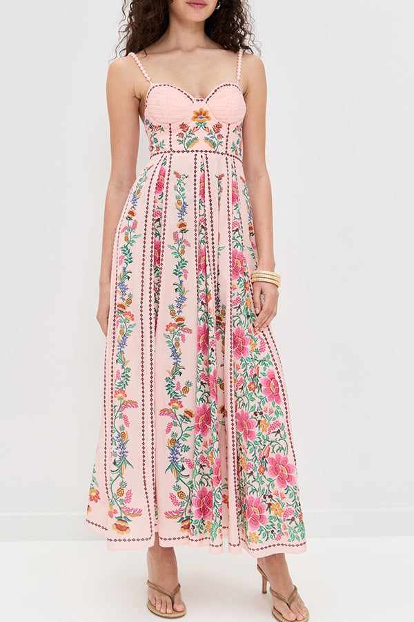 Linen Blend Delicate Forest Unique Print Sweetheart Neck Beaded Straps Maxi Dress - Seldom Seen Styles