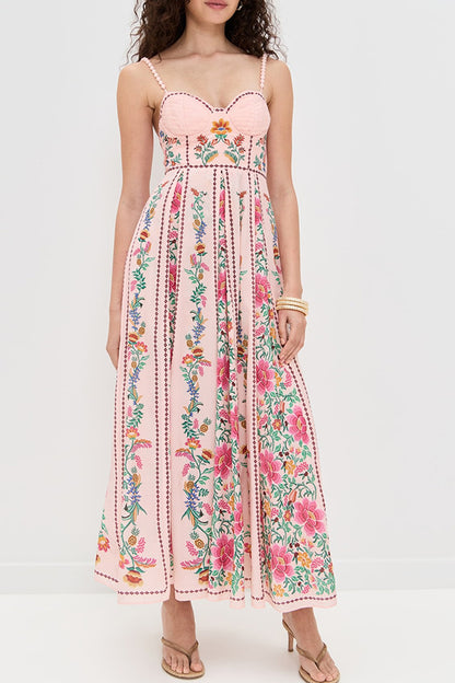 Linen Blend Delicate Forest Unique Print Sweetheart Neck Beaded Straps Maxi Dress - Seldom Seen Styles