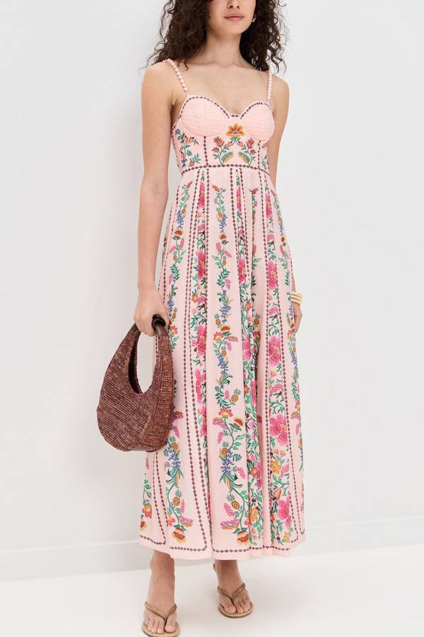 Linen Blend Delicate Forest Unique Print Sweetheart Neck Beaded Straps Maxi Dress - Seldom Seen Styles