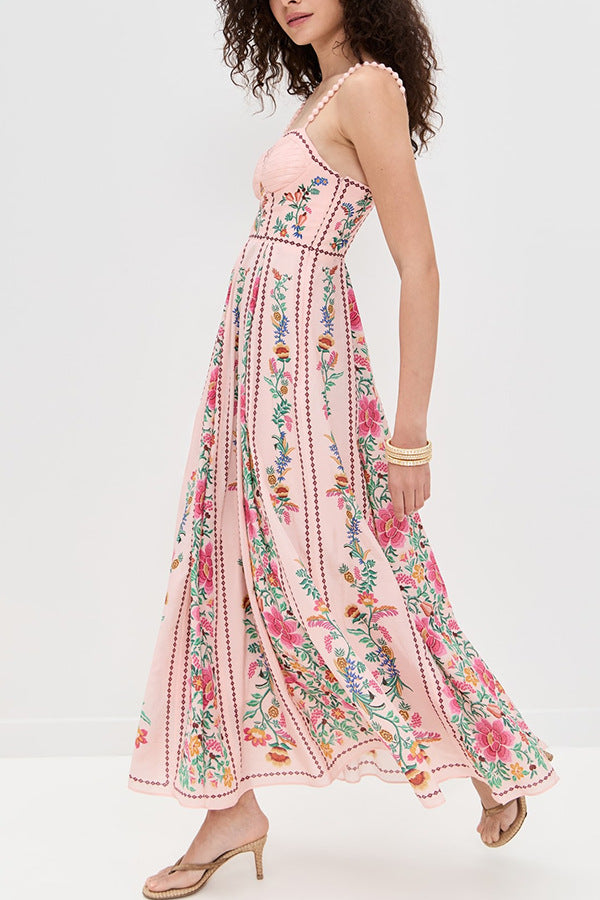 Linen Blend Delicate Forest Unique Print Sweetheart Neck Beaded Straps Maxi Dress - Seldom Seen Styles