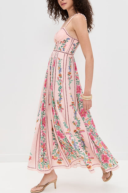 Linen Blend Delicate Forest Unique Print Sweetheart Neck Beaded Straps Maxi Dress - Seldom Seen Styles