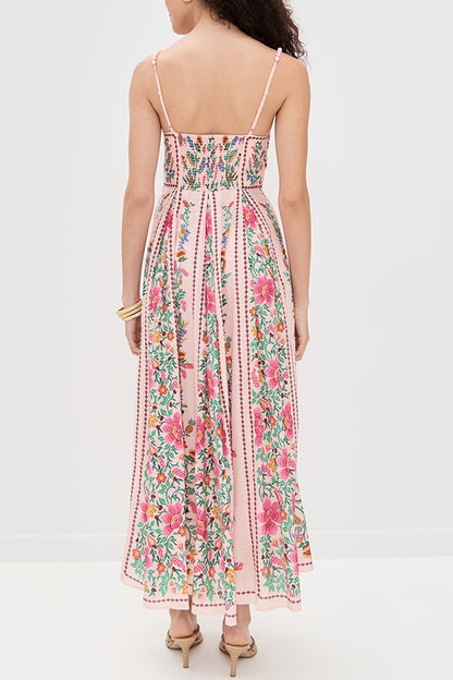 Linen Blend Delicate Forest Unique Print Sweetheart Neck Beaded Straps Maxi Dress - Seldom Seen Styles