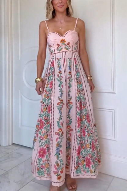 Linen Blend Delicate Forest Unique Print Sweetheart Neck Beaded Straps Maxi Dress - Seldom Seen Styles