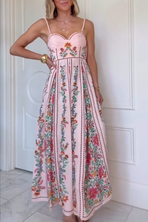 Linen Blend Delicate Forest Unique Print Sweetheart Neck Beaded Straps Maxi Dress - Seldom Seen Styles