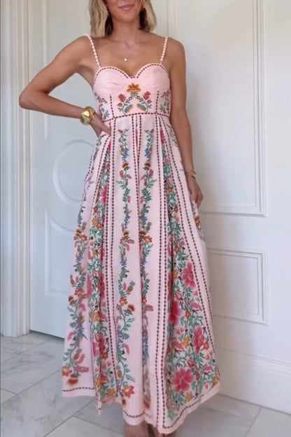 Linen Blend Delicate Forest Unique Print Sweetheart Neck Beaded Straps Maxi Dress - Seldom Seen Styles
