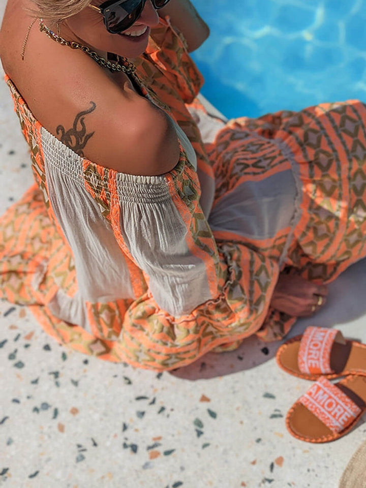 Linen Blend Ethnic Print Off Shoulder Loose Mini Dress - Seldom Seen Styles