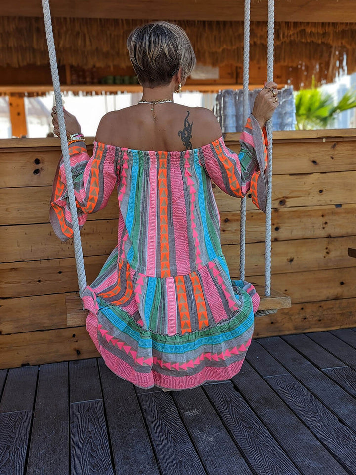 Linen Blend Ethnic Print Off Shoulder Loose Mini Dress - Seldom Seen Styles
