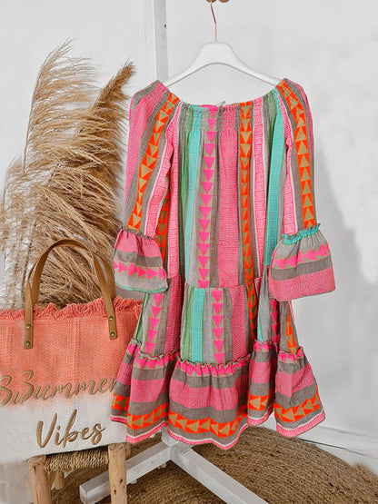 Linen Blend Ethnic Print Off Shoulder Loose Mini Dress - Seldom Seen Styles