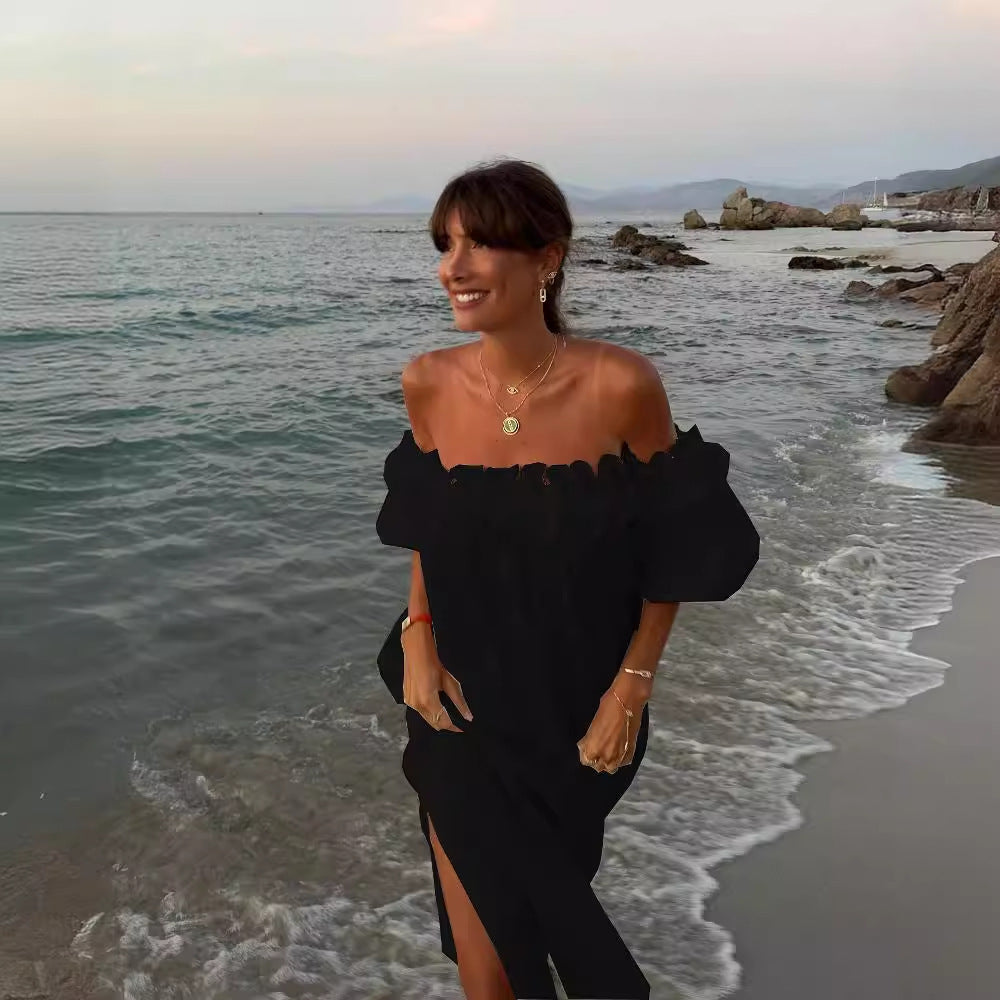 Linen Blend Off Shoulder Ruffle Puff Sleeve Pocketed Midi Dress Cotton Sexy Split Vacation Dress for Women - Seldom Seen Styles