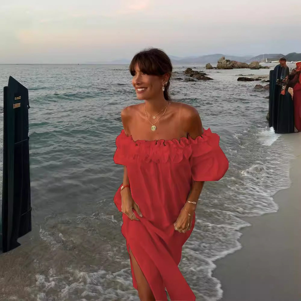 Linen Blend Off Shoulder Ruffle Puff Sleeve Pocketed Midi Dress Cotton Sexy Split Vacation Dress for Women - Seldom Seen Styles