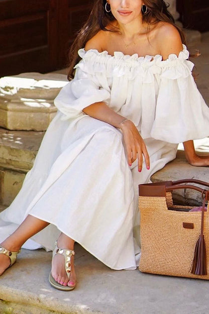 Linen Blend Off Shoulder Ruffle Puff Sleeve Pocketed Midi Dress Cotton Sexy Split Vacation Dress for Women - Seldom Seen Styles