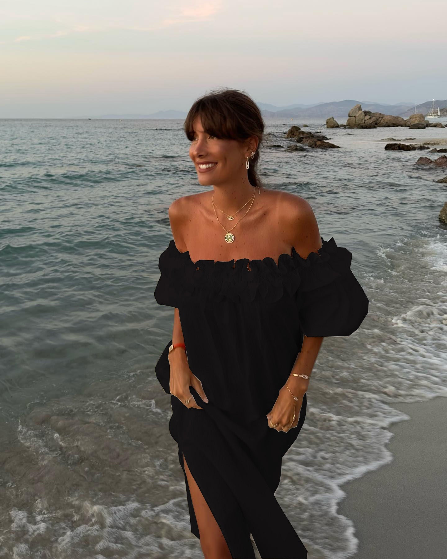 Linen Blend Off Shoulder Ruffle Puff Sleeve Pocketed Midi Dress Cotton Sexy Split Vacation Dress for Women - Seldom Seen Styles