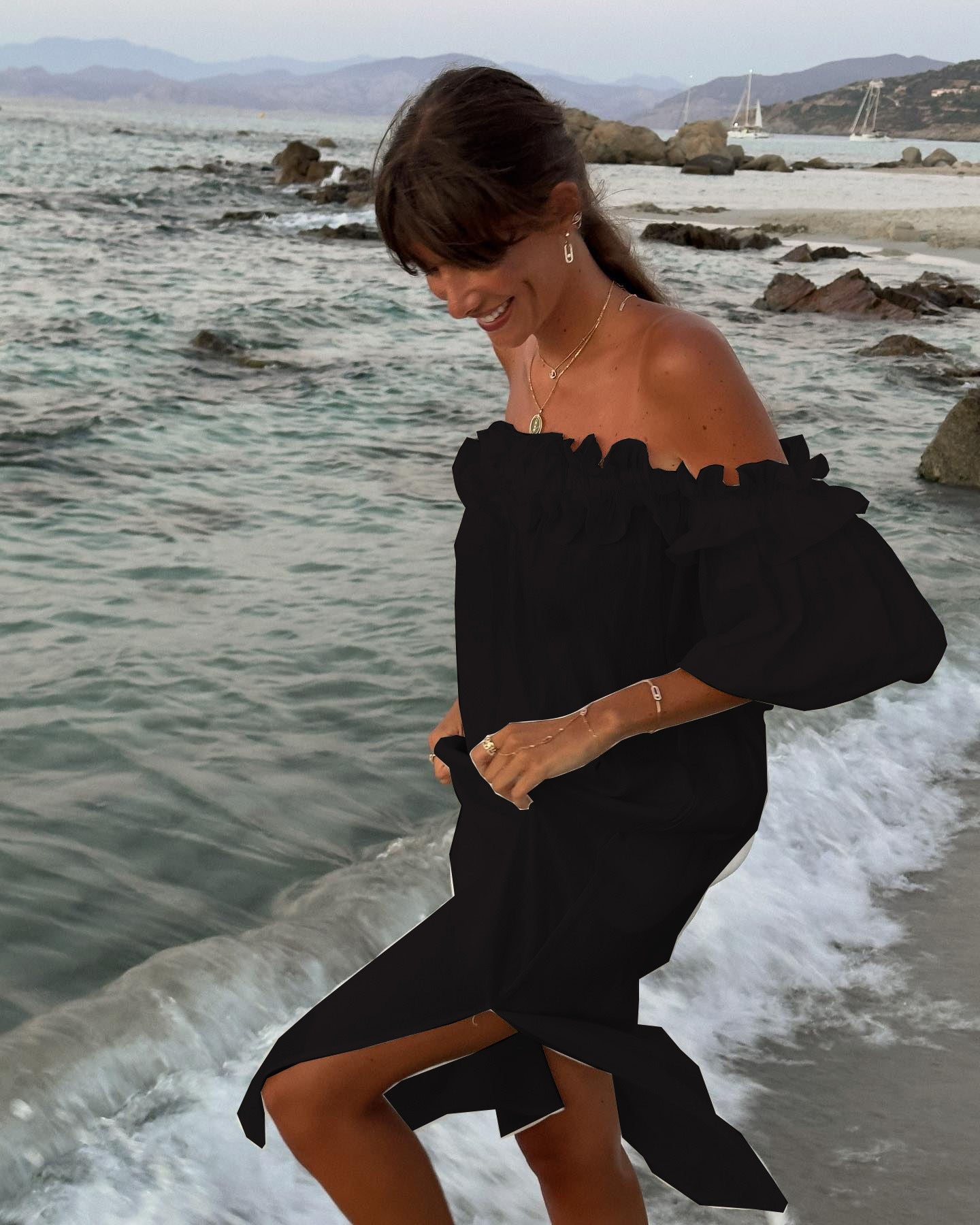 Linen Blend Off Shoulder Ruffle Puff Sleeve Pocketed Midi Dress Cotton Sexy Split Vacation Dress for Women - Seldom Seen Styles