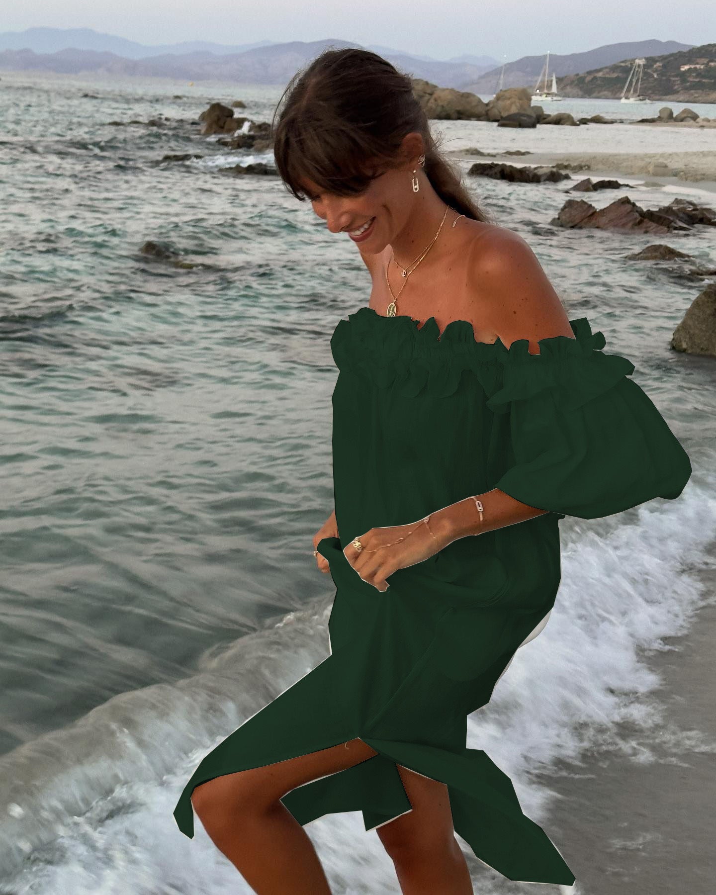 Linen Blend Off Shoulder Ruffle Puff Sleeve Pocketed Midi Dress Cotton Sexy Split Vacation Dress for Women - Seldom Seen Styles