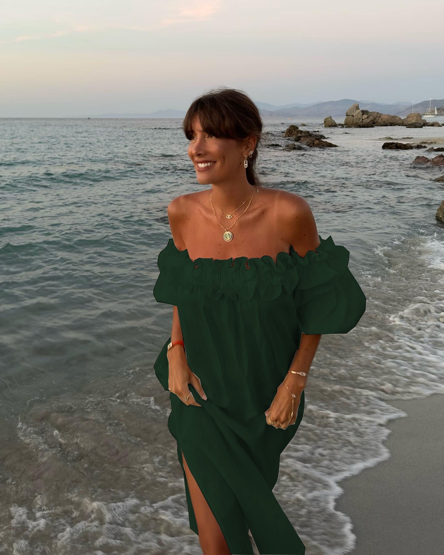 Linen Blend Off Shoulder Ruffle Puff Sleeve Pocketed Midi Dress Cotton Sexy Split Vacation Dress for Women - Seldom Seen Styles