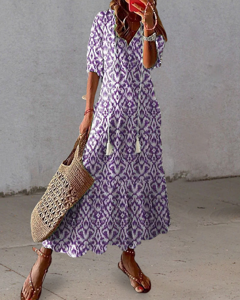 Women's Flowy A-Line Geometric Print Lantern Sleeves Summer Dresses