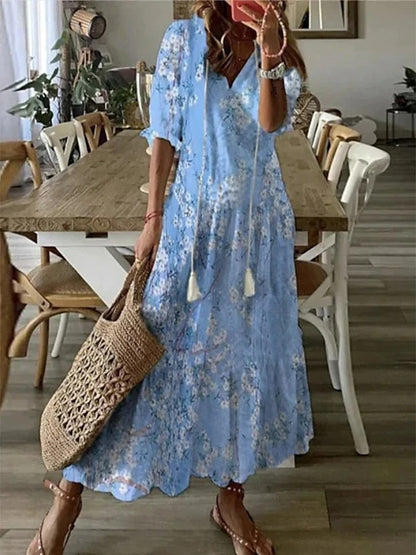 Women's Flowy A-Line Geometric Print Lantern Sleeves Summer Dresses