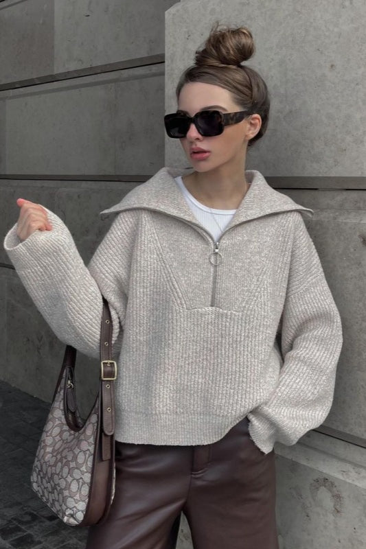 Loose Fit V-Neck  Women's Pure Color Long Sleeve Half Zipper Pullover Sweaters Casual Slouchy Ribbed Knitted Jumper Tops - Seldom Seen Styles