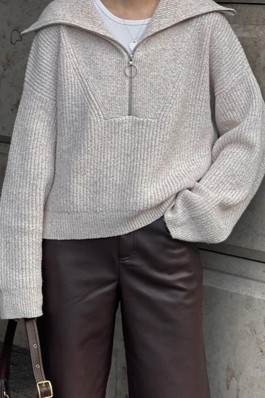 Loose Fit V-Neck  Women's Pure Color Long Sleeve Half Zipper Pullover Sweaters Casual Slouchy Ribbed Knitted Jumper Tops - Seldom Seen Styles