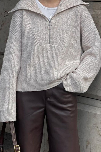 Loose Fit V-Neck  Women's Pure Color Long Sleeve Half Zipper Pullover Sweaters Casual Slouchy Ribbed Knitted Jumper Tops - Seldom Seen Styles