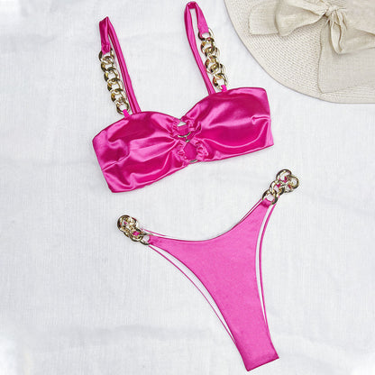 Luxury Satin Metallic Chain O Ring High Leg Cheeky Two Piece Bikini Swimsuit - Seldom Seen Styles