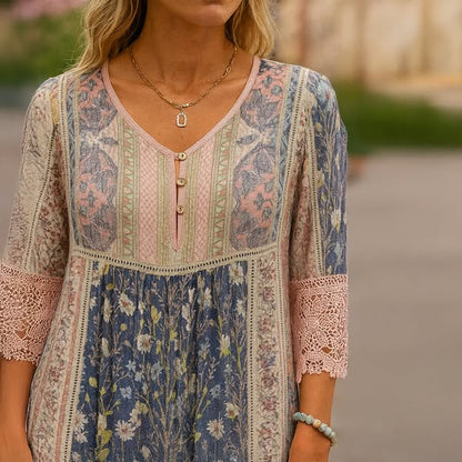 Women's Loose Shift Retro Floral Print Pink Blue Patchwork Button V-Neck Mini Dress Summer Casual Short Sleeve Dress - Seldom Seen Styles