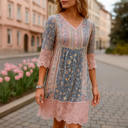 Women's Loose Shift Retro Floral Print Pink Blue Patchwork Button V-Neck Mini Dress Summer Casual Short Sleeve Dress - Seldom Seen Styles