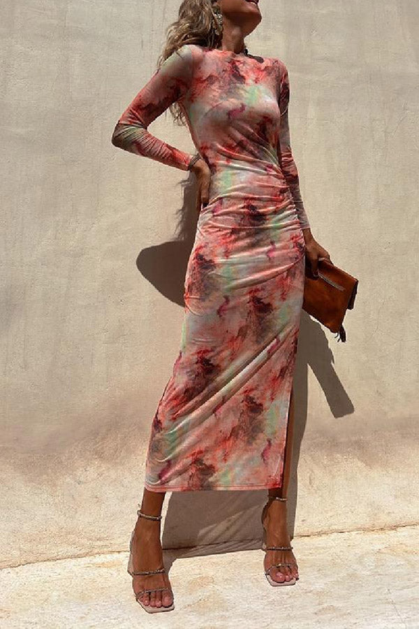 Mesh Overlay Tie Dye Print Long Sleeve Ruched Stretch Midi Dress - Seldom Seen Styles