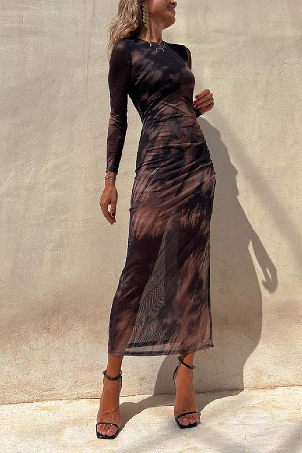 Mesh Overlay Tie Dye Print Long Sleeve Ruched Stretch Midi Dress - Seldom Seen Styles