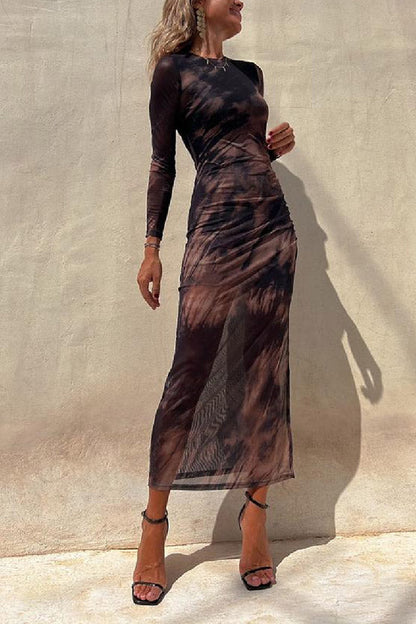 Mesh Overlay Tie Dye Print Long Sleeve Ruched Stretch Midi Dress - Seldom Seen Styles