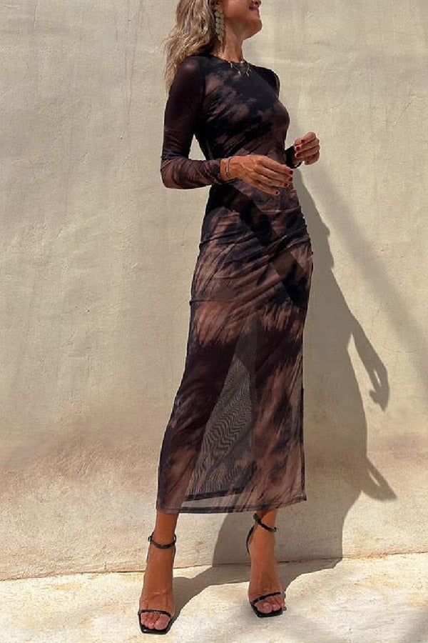 Mesh Overlay Tie Dye Print Long Sleeve Ruched Stretch Midi Dress - Seldom Seen Styles