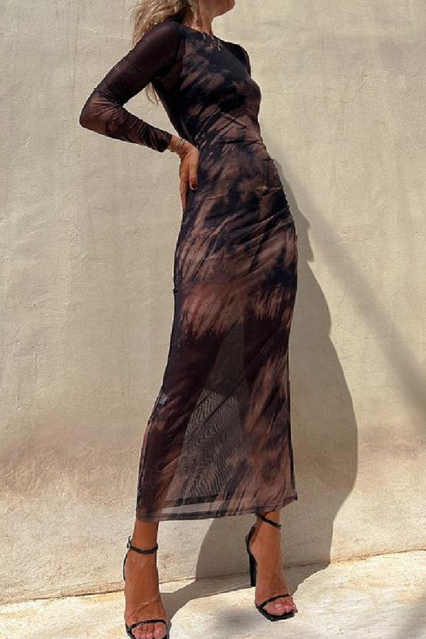 Mesh Overlay Tie Dye Print Long Sleeve Ruched Stretch Midi Dress - Seldom Seen Styles