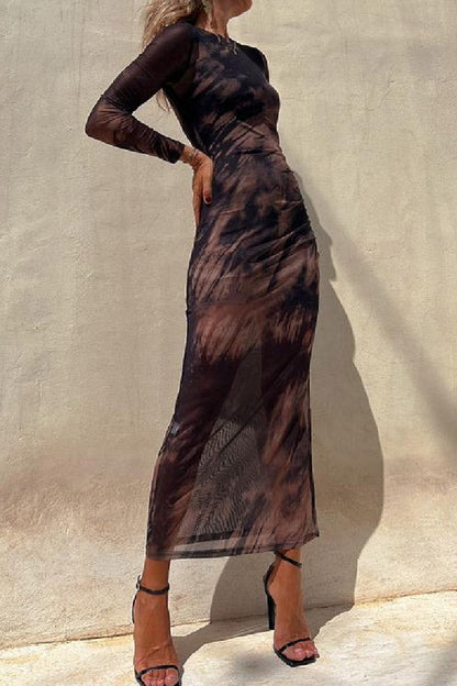 Mesh Overlay Tie Dye Print Long Sleeve Ruched Stretch Midi Dress - Seldom Seen Styles