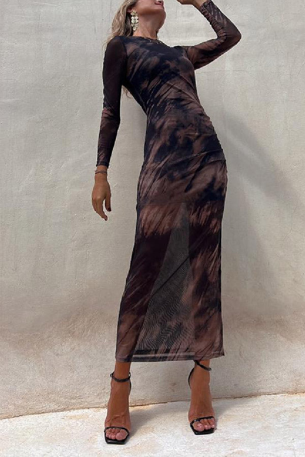 Mesh Overlay Tie Dye Print Long Sleeve Ruched Stretch Midi Dress - Seldom Seen Styles