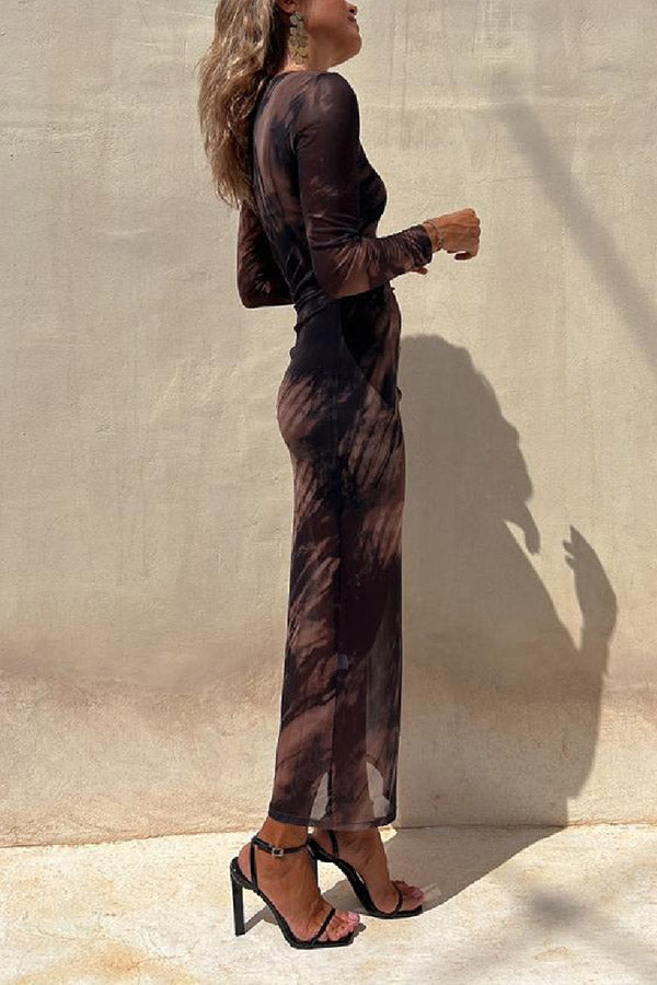 Mesh Overlay Tie Dye Print Long Sleeve Ruched Stretch Midi Dress - Seldom Seen Styles