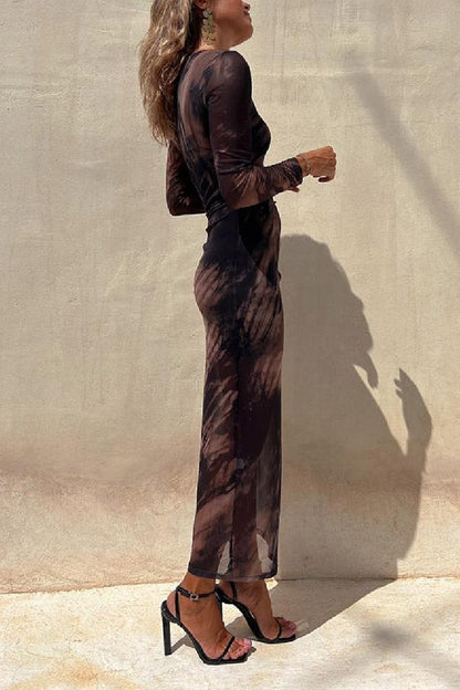 Mesh Overlay Tie Dye Print Long Sleeve Ruched Stretch Midi Dress - Seldom Seen Styles