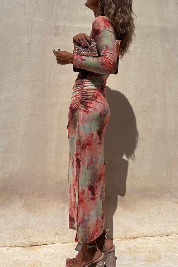 Mesh Overlay Tie Dye Print Long Sleeve Ruched Stretch Midi Dress - Seldom Seen Styles