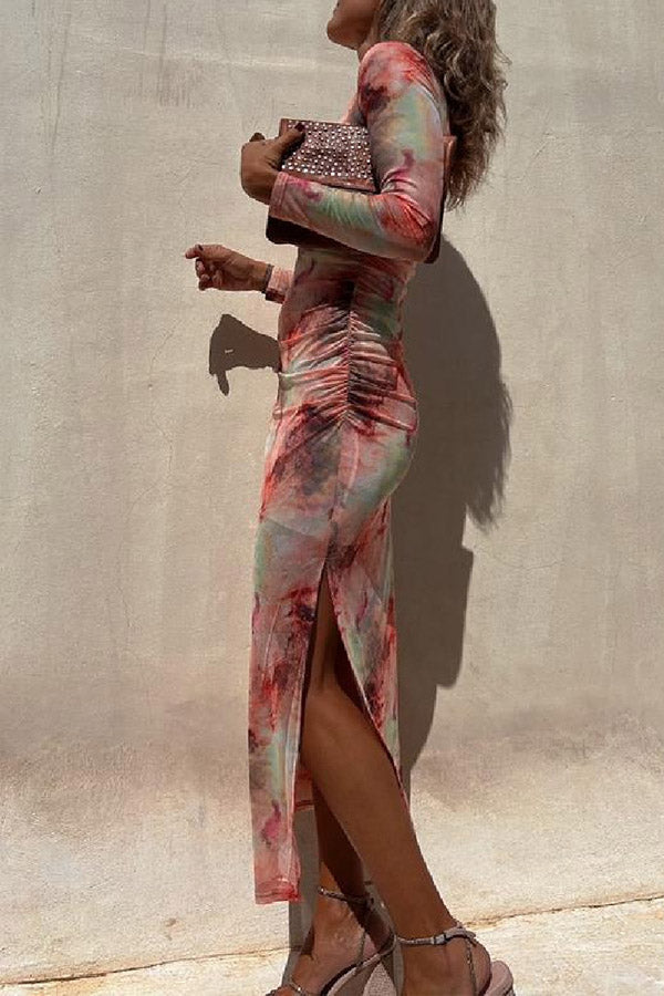 Mesh Overlay Tie Dye Print Long Sleeve Ruched Stretch Midi Dress - Seldom Seen Styles